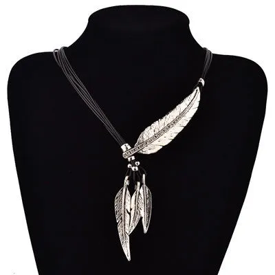 Bohemian Style Black Rope Chain Leaf Feather Pattern Pendant Necklace For Women Fine Jewelry Collares Statement Necklace
