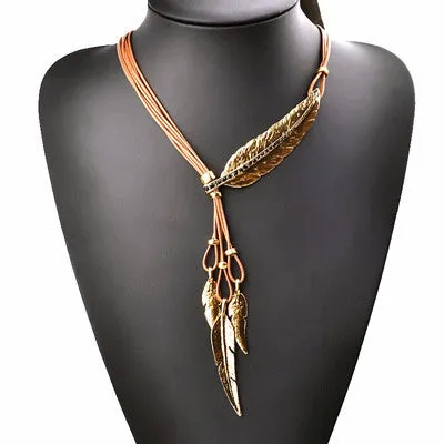 Bohemian Style Black Rope Chain Leaf Feather Pattern Pendant Necklace For Women Fine Jewelry Collares Statement Necklace