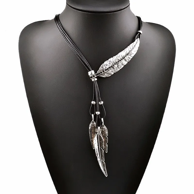 Bohemian Style Black Rope Chain Leaf Feather Pattern Pendant Necklace For Women Fine Jewelry Collares Statement Necklace