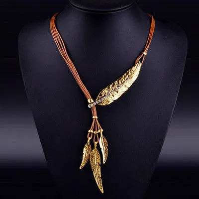 Bohemian Style Black Rope Chain Leaf Feather Pattern Pendant Necklace For Women Fine Jewelry Collares Statement Necklace