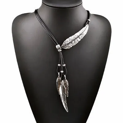 Bohemian Style Black Rope Chain Leaf Feather Pattern Pendant Necklace For Women Fine Jewelry Collares Statement Necklace