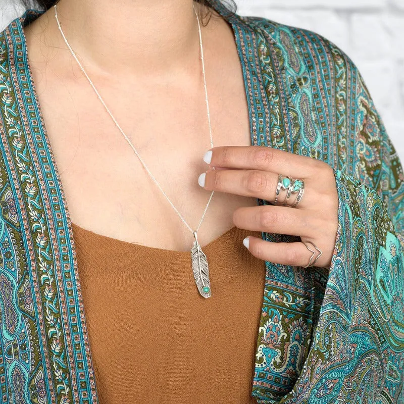 Boho Feather Turquoise Necklace Sterling Silver
