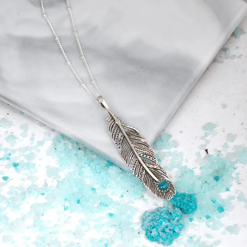 Boho Feather Turquoise Necklace Sterling Silver
