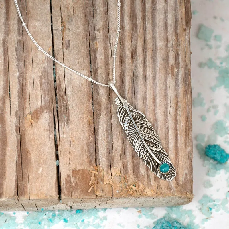 Boho Feather Turquoise Necklace Sterling Silver