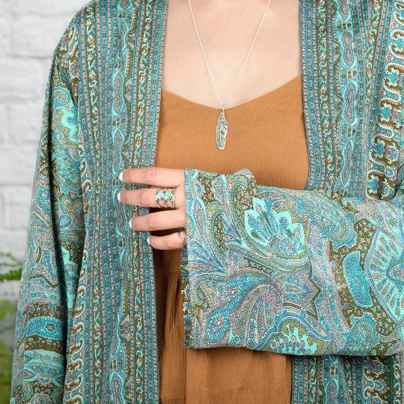 Boho Feather Turquoise Necklace Sterling Silver