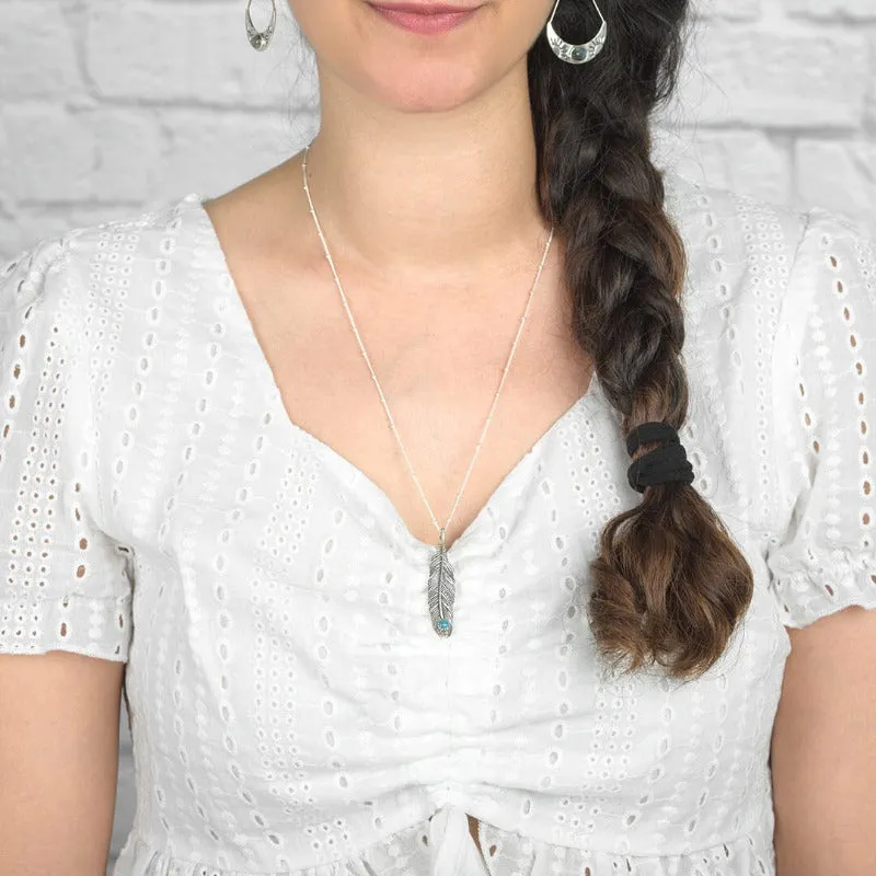 Boho Feather Turquoise Necklace Sterling Silver