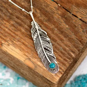 Boho Feather Turquoise Necklace Sterling Silver