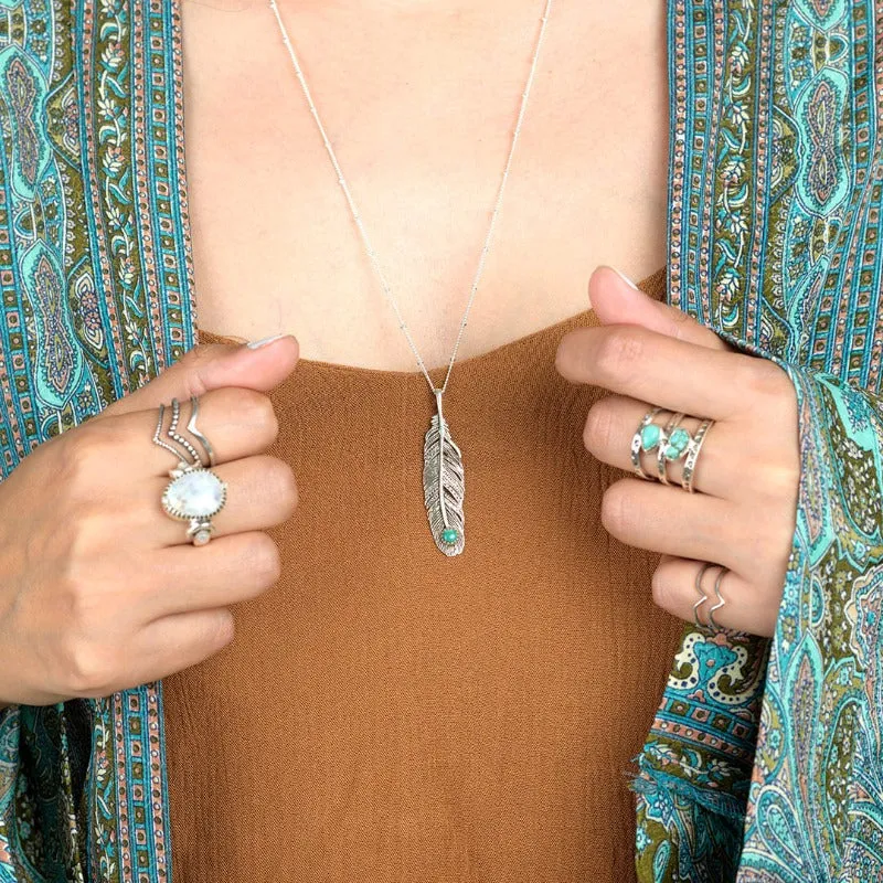 Boho Feather Turquoise Necklace Sterling Silver