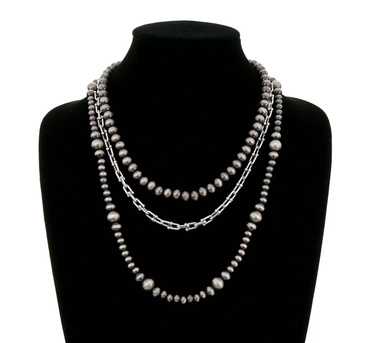 Boho Ranch Shop - 3 Layer Navajo Style Pearl Western Necklace Set: SILVER