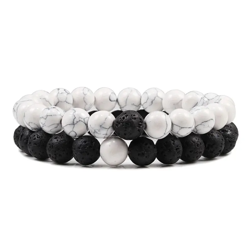Bracelet Couples Distance Black White Natural Lava Stone Tiger Eye Beaded Yoga Bracelets for Men Women Elastic Rope Jewelry
