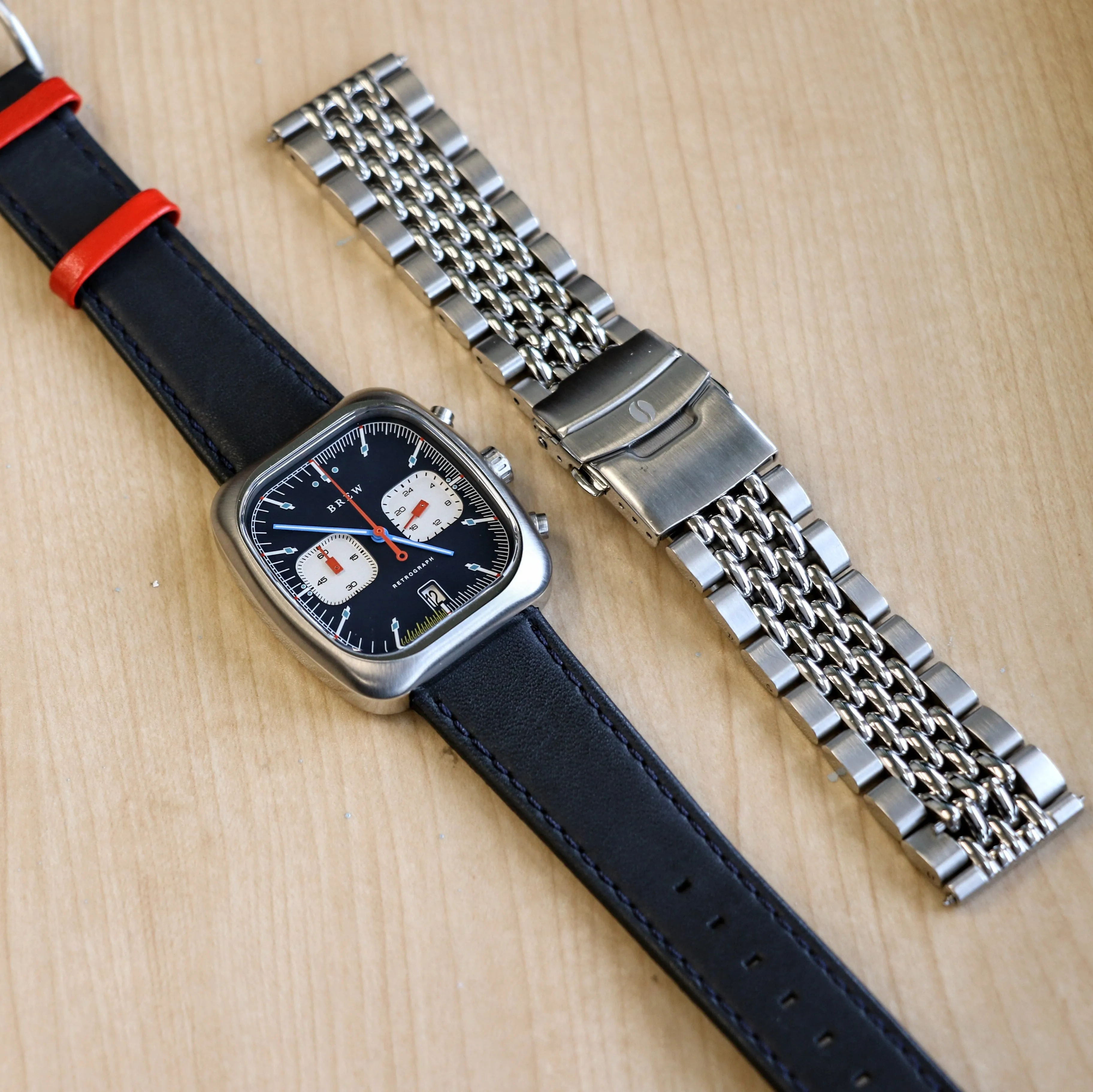 BREW Retrograph - Technicolor Watch Date Indicator - Full Kit   Extra Box w/ Extra Stainless-Steel Bracelet