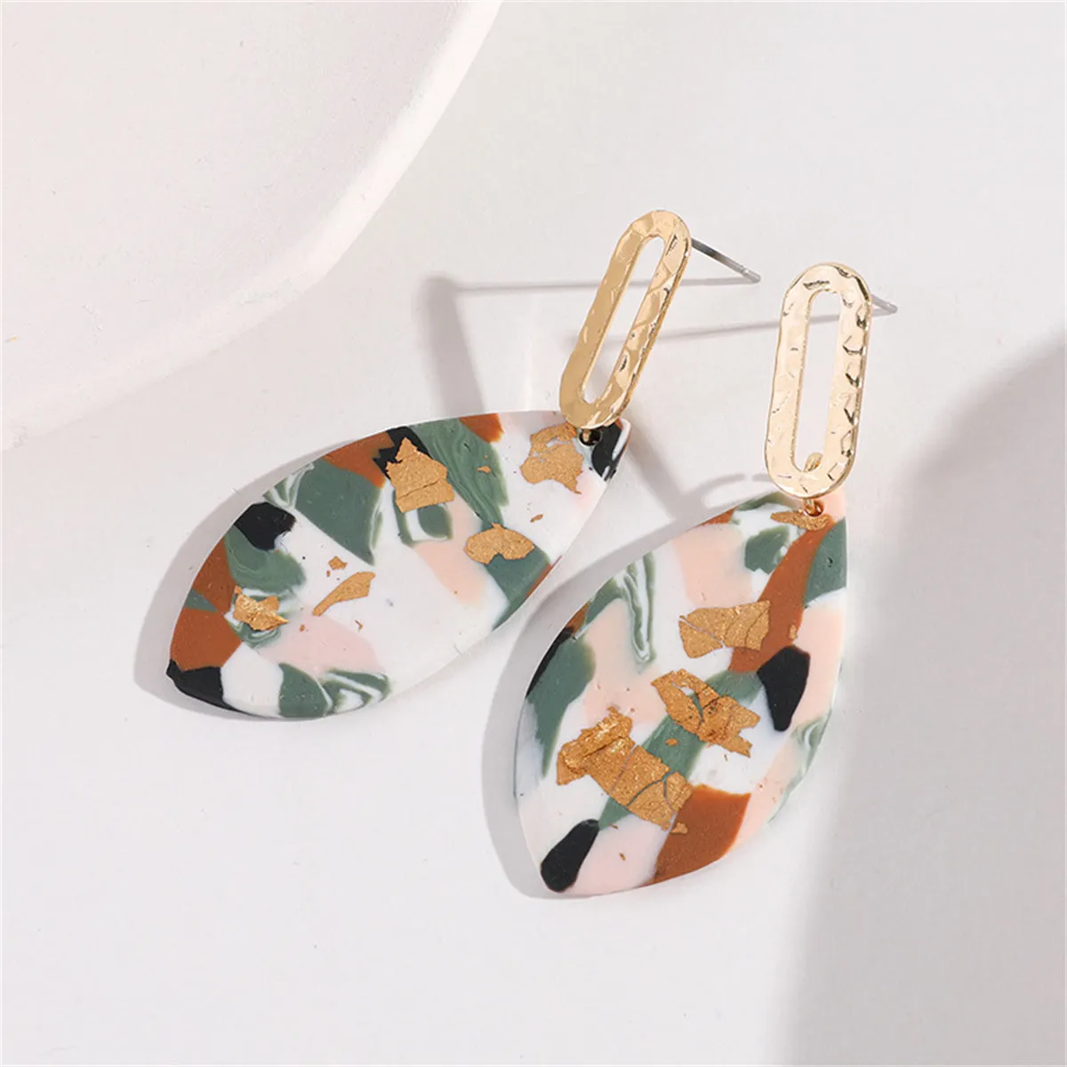 Brown & Green Abstract Marquise Drop Earrings
