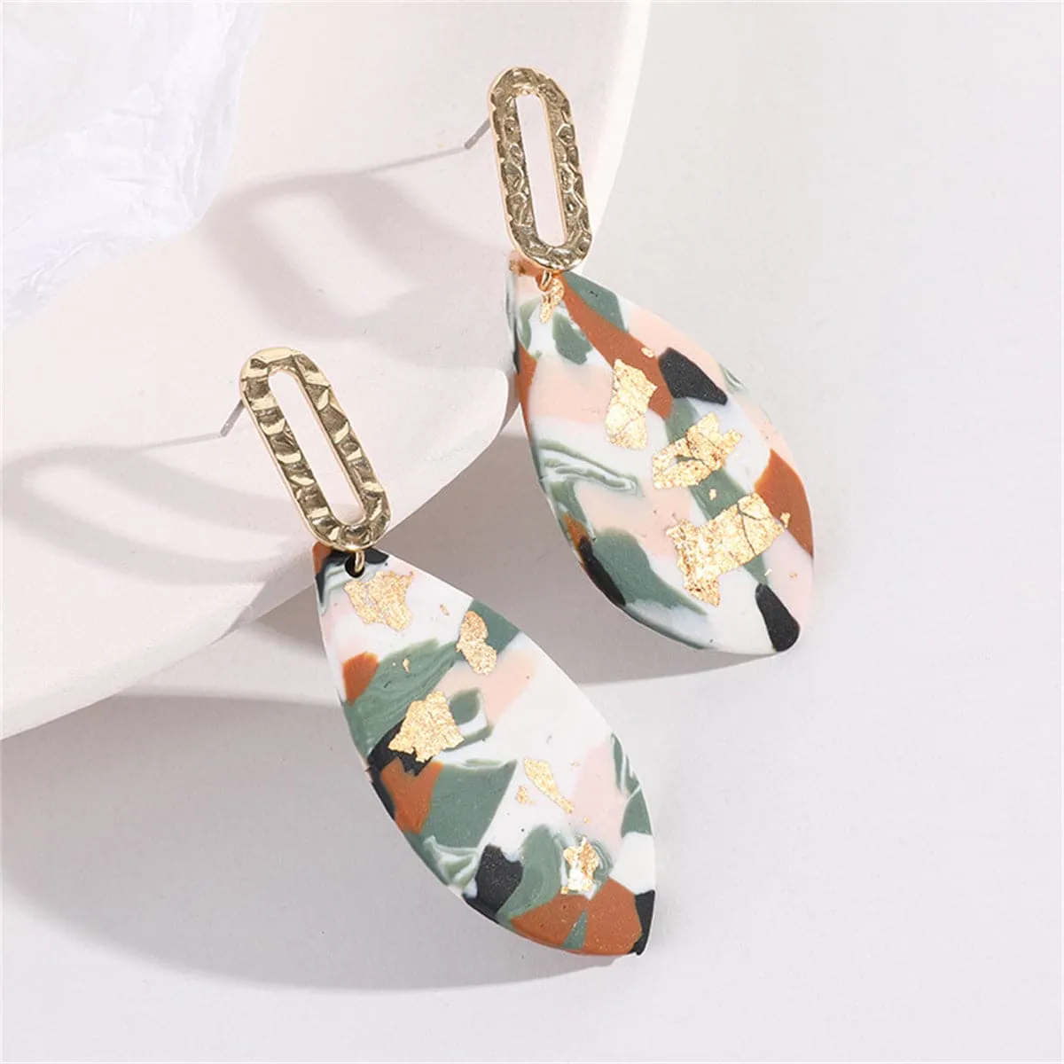 Brown & Green Abstract Marquise Drop Earrings