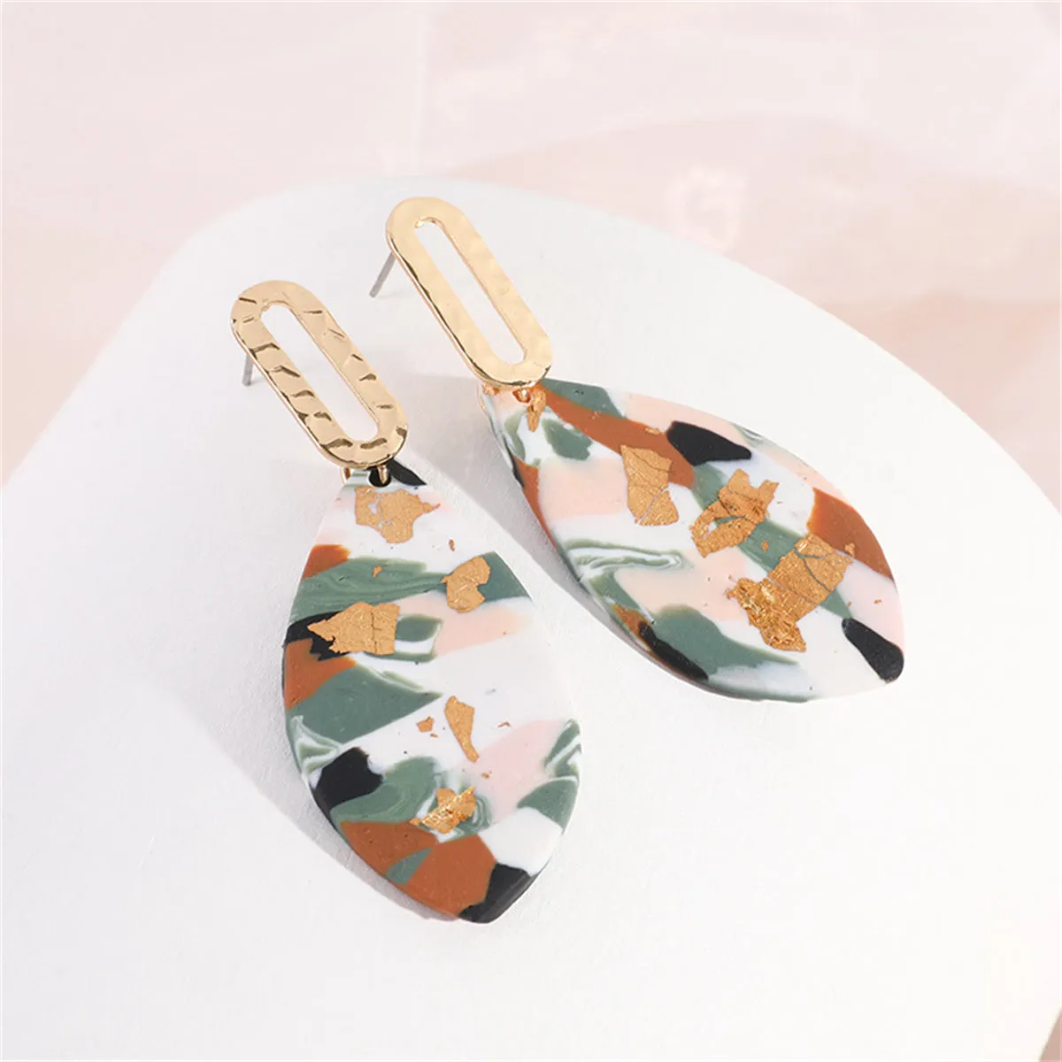 Brown & Green Abstract Marquise Drop Earrings