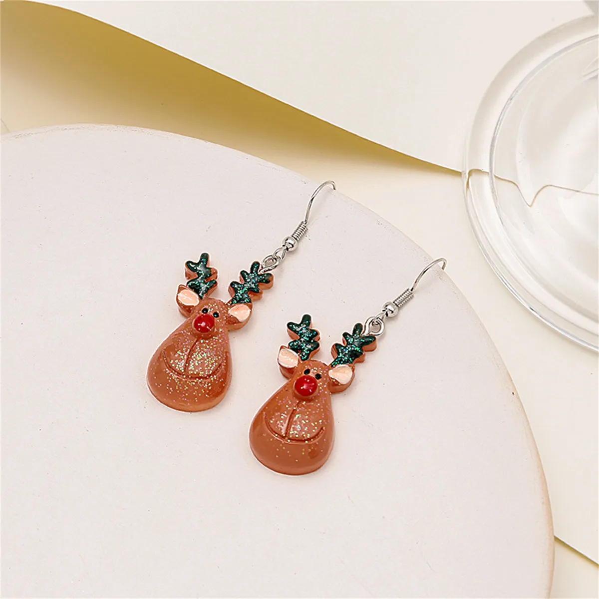 Brown & Green Reindeer Drop Earrings