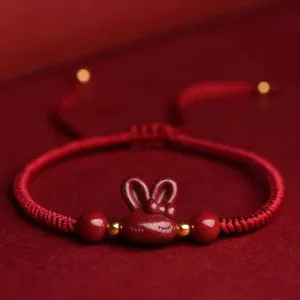 Buddha Stones Handmade Cinnabar Chinese Zodiac Rabbit Luck Red Rope Bracelet