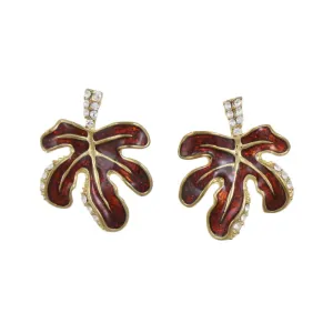 Burgundy Enamel Leaf with Clear Crystals Pierced Earring - REE402