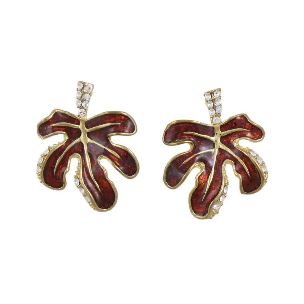 Burgundy Enamel Leaf with Clear Crystals Pierced Earring - REE402