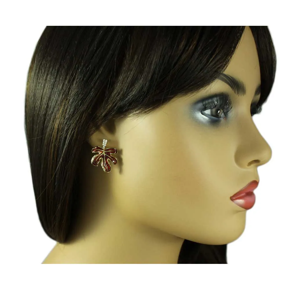 Burgundy Enamel Leaf with Clear Crystals Pierced Earring - REE402