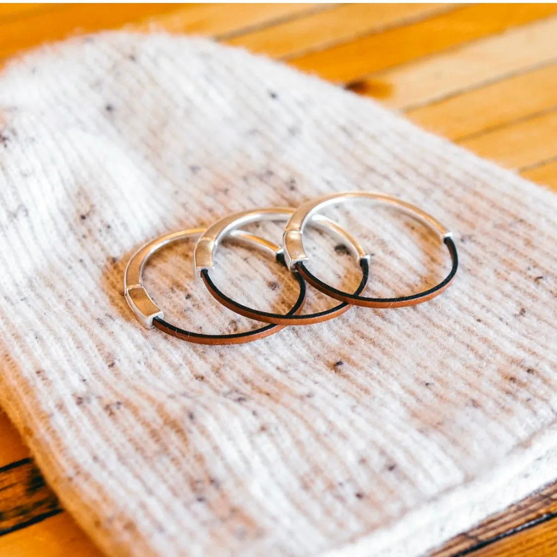 Camel Brown Thin Leather Bracelet for Women with Black Edge & Silver Half Cuff Magnetic Clasp