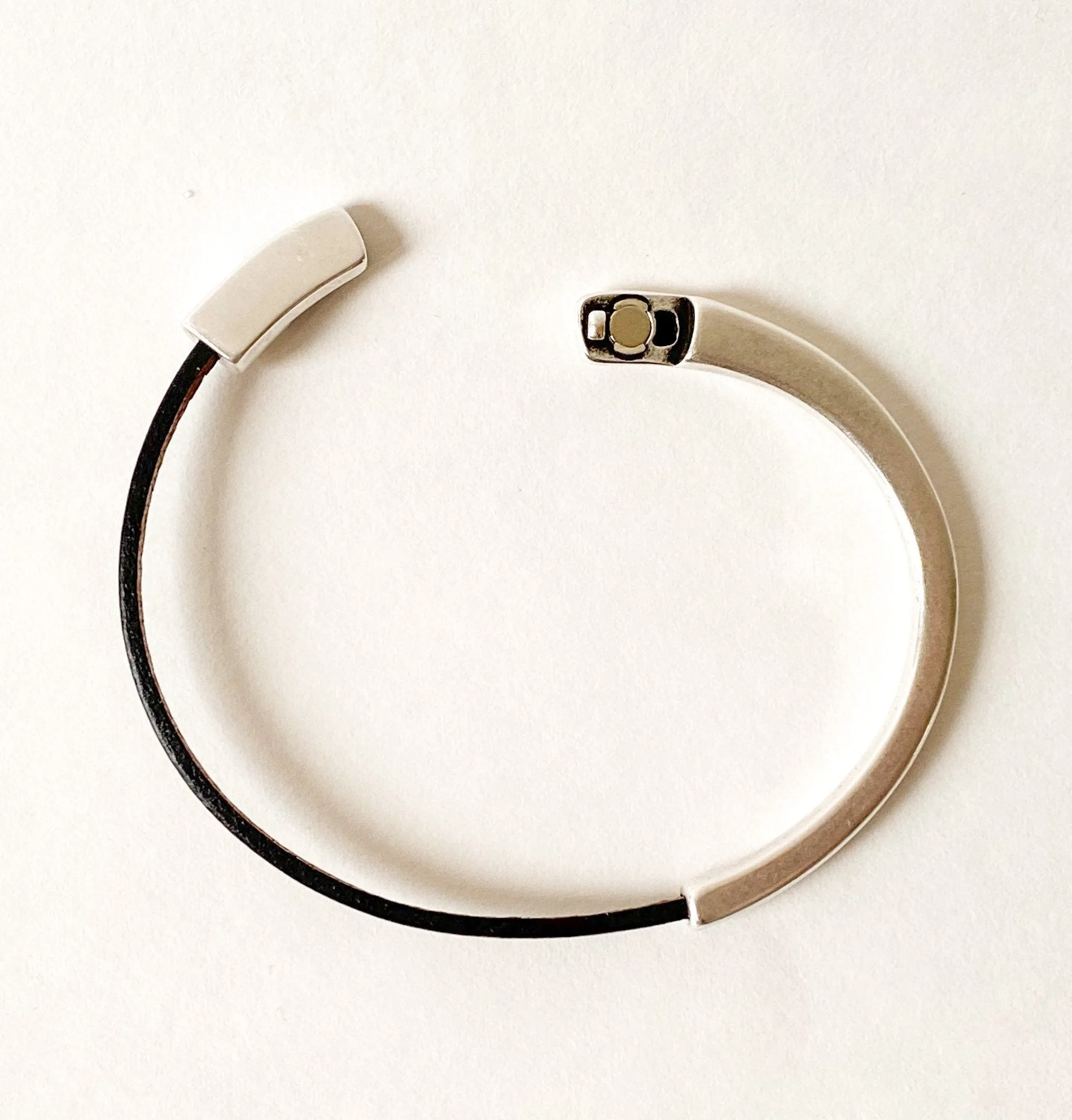 Camel Brown Thin Leather Bracelet for Women with Black Edge & Silver Half Cuff Magnetic Clasp