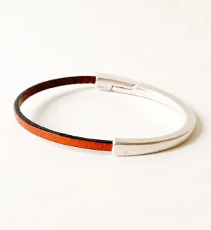 Camel Brown Thin Leather Bracelet for Women with Black Edge & Silver Half Cuff Magnetic Clasp