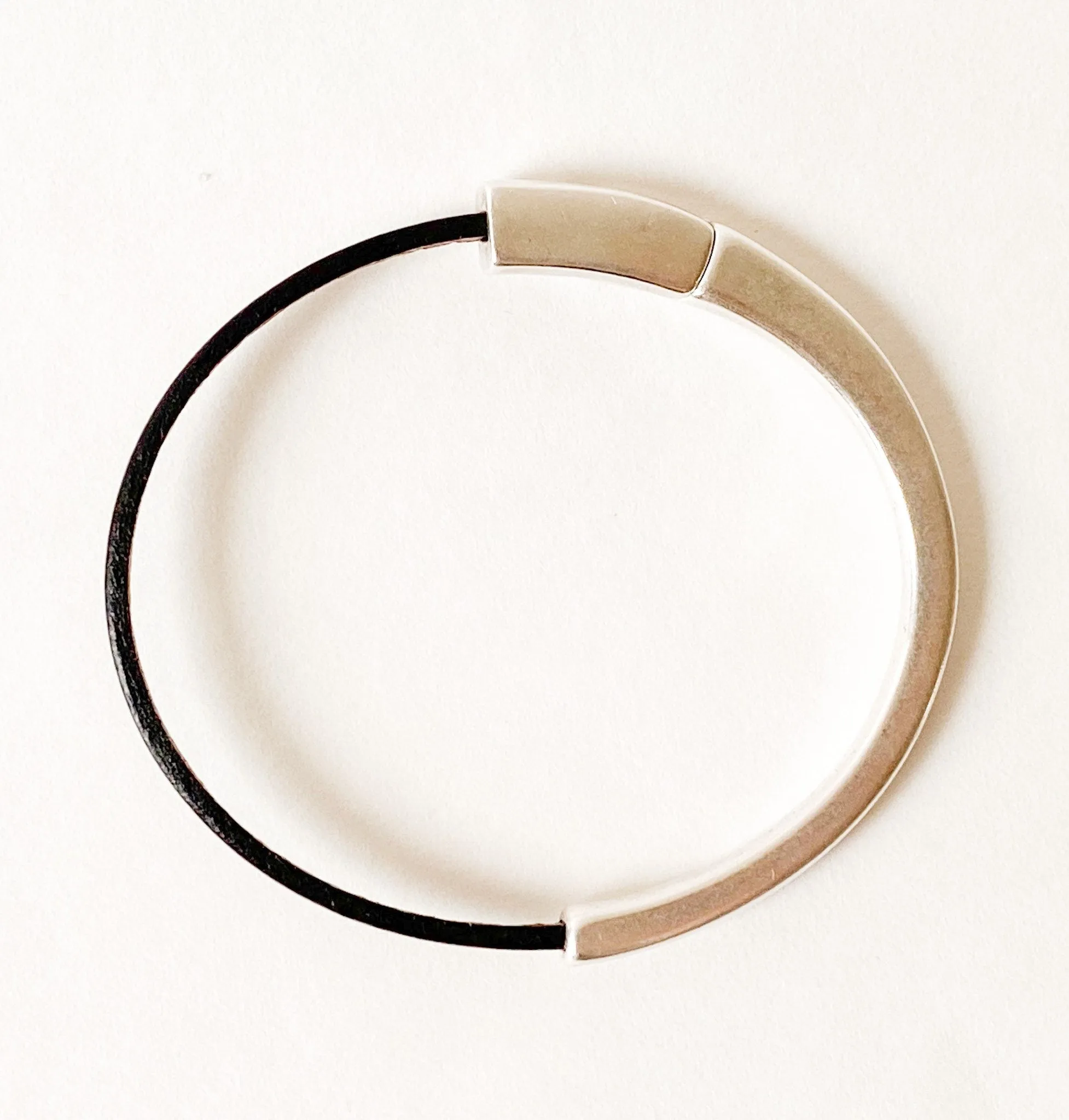 Camel Brown Thin Leather Bracelet for Women with Black Edge & Silver Half Cuff Magnetic Clasp