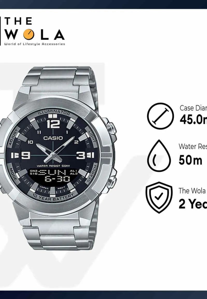 Casio Men Analog-Digital Watch AMW-870D-1AV Silver Stainless Steel Strap