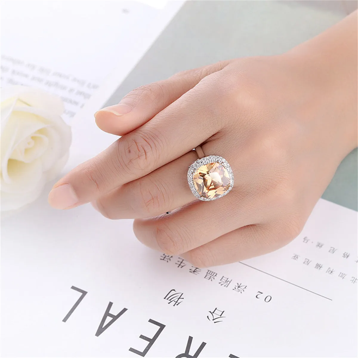 Champagne Crystal & Cubic Zirconia Halo Cushion-Cut Ring