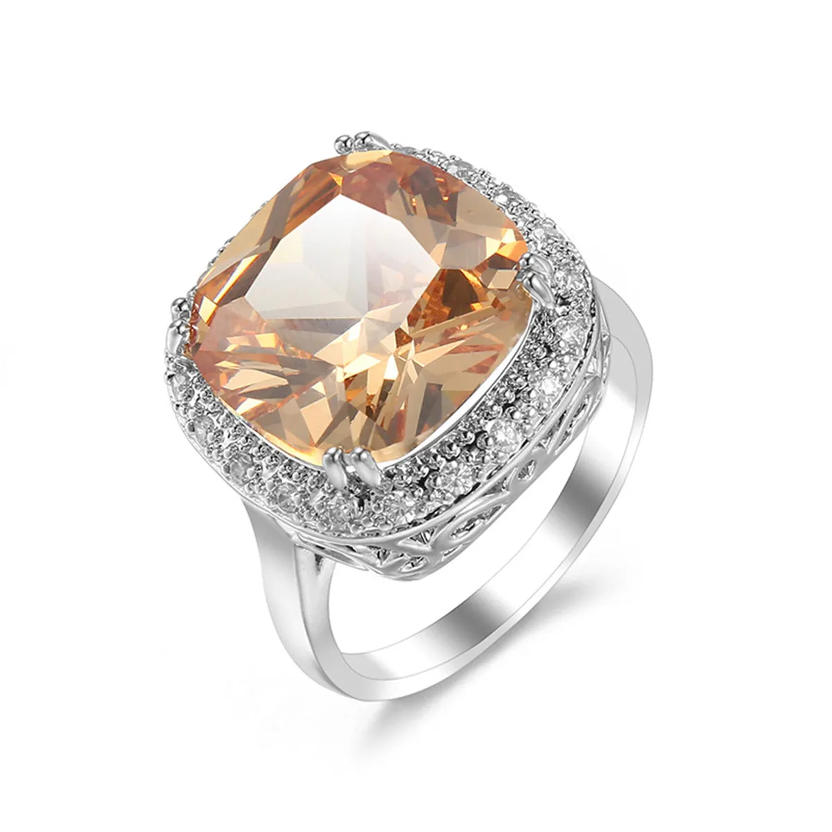 Champagne Crystal & Cubic Zirconia Halo Cushion-Cut Ring
