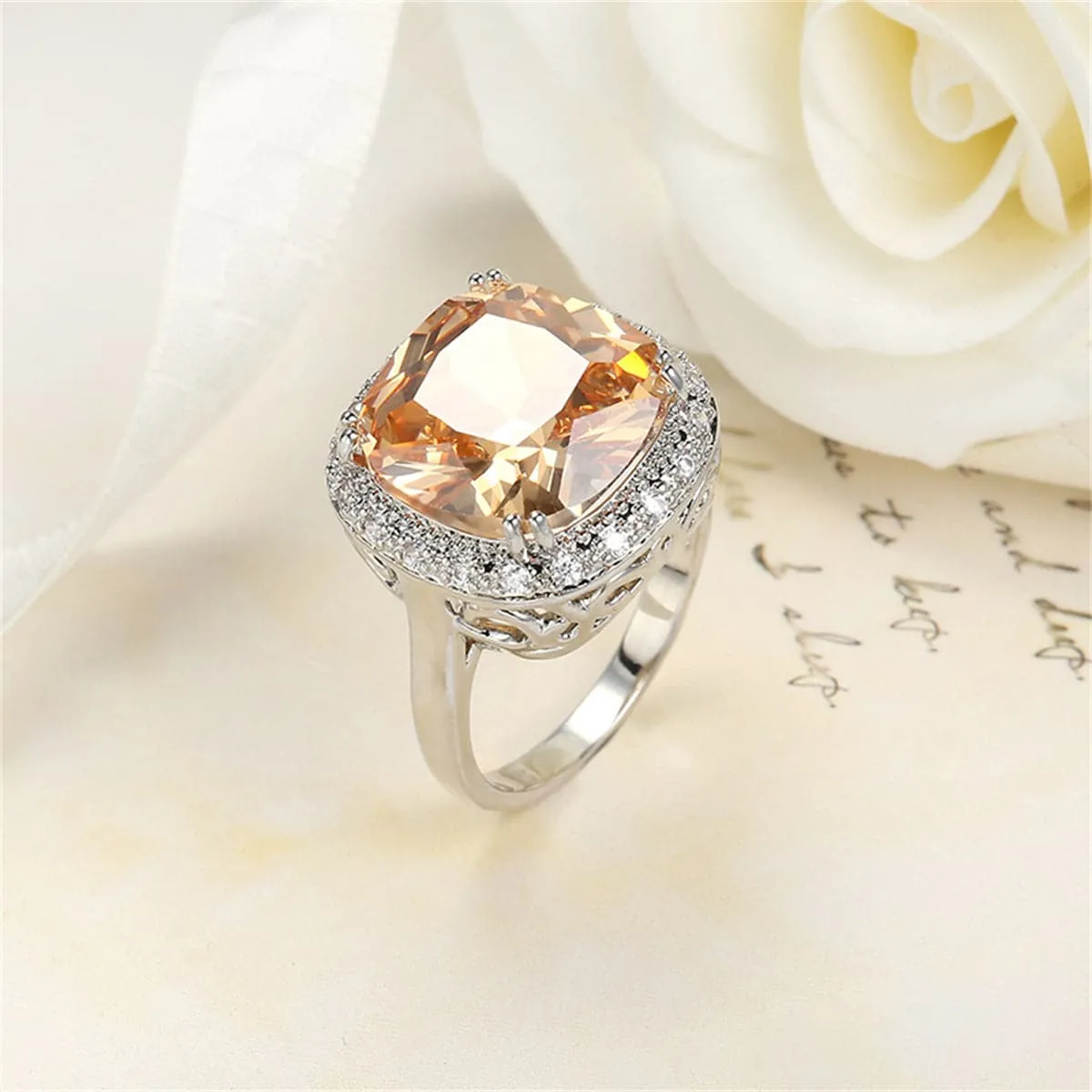 Champagne Crystal & Cubic Zirconia Halo Cushion-Cut Ring