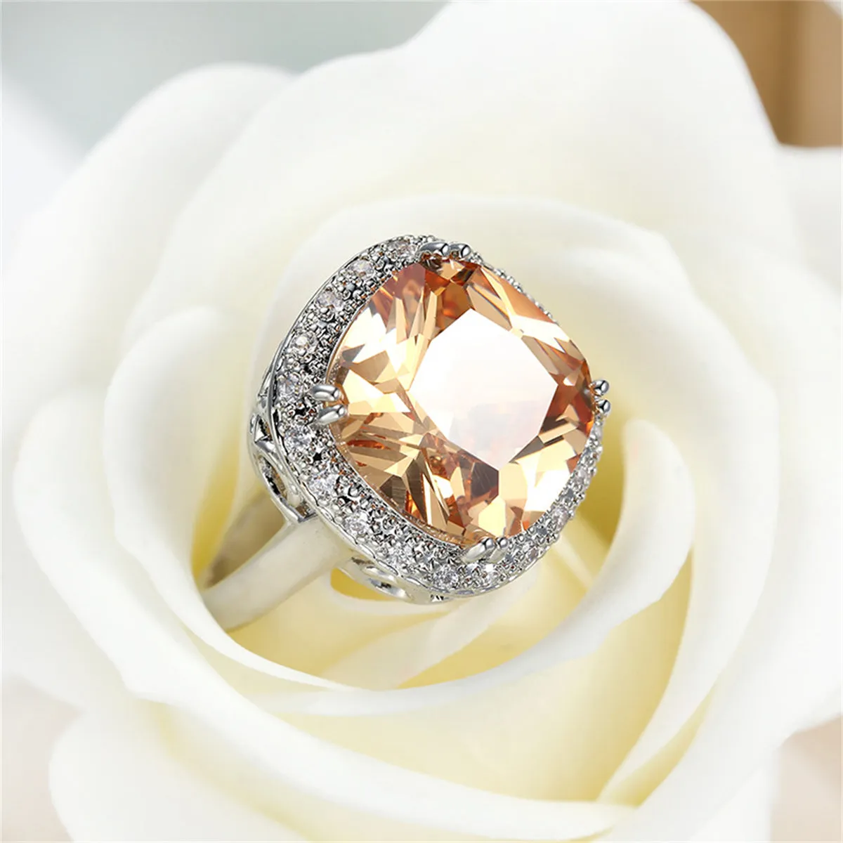 Champagne Crystal & Cubic Zirconia Halo Cushion-Cut Ring