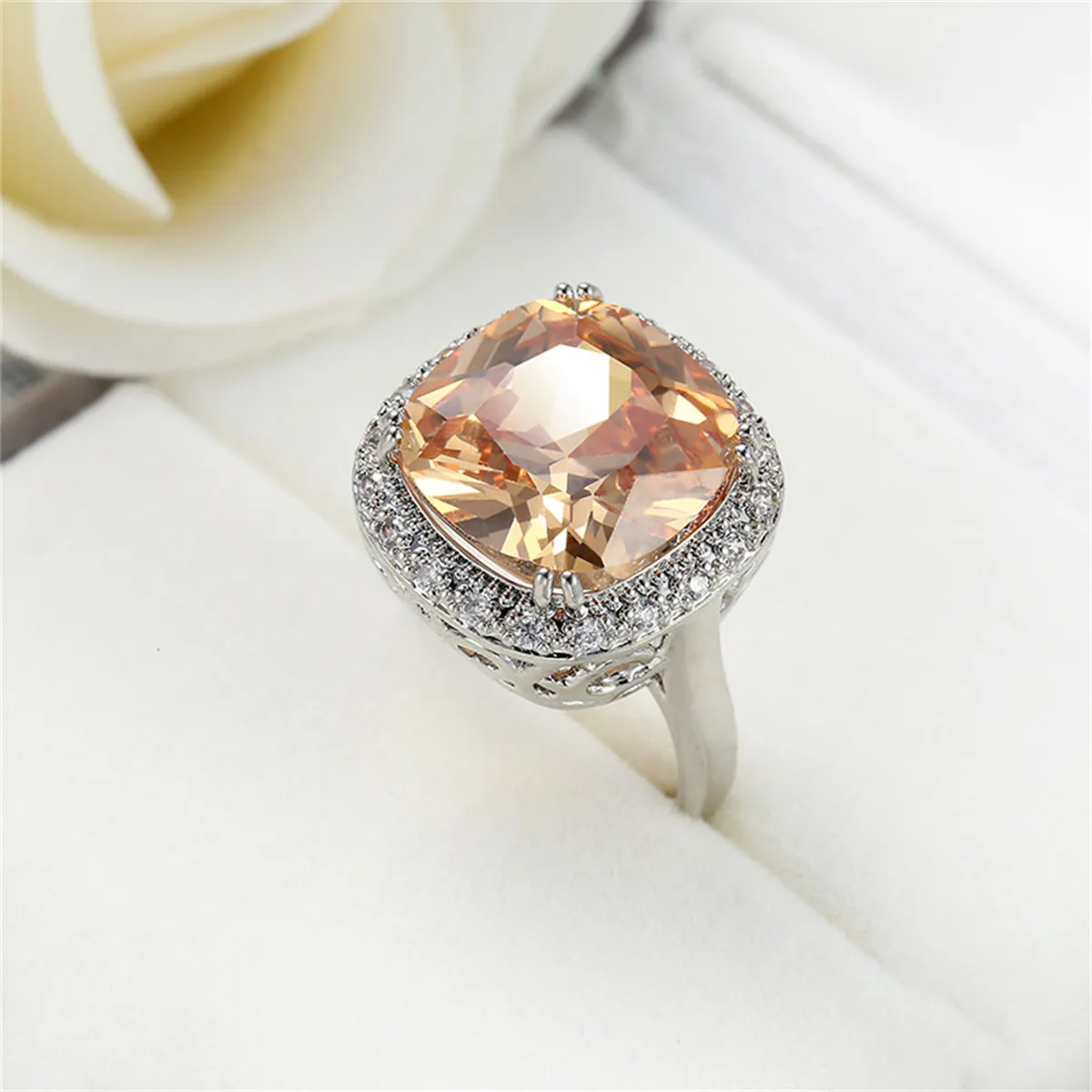 Champagne Crystal & Cubic Zirconia Halo Cushion-Cut Ring