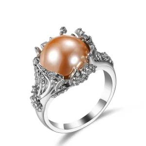Champagne Pearl & Cubic Zirconia Silver-Plated Floral Botany Ring