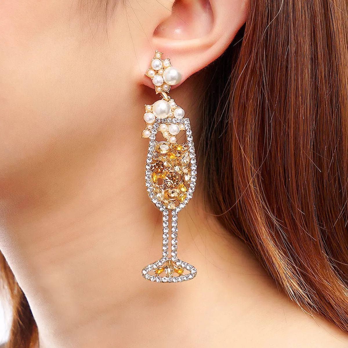 Champagne Pearl & Cubic Zirconia Wine Glass Drop Earrings