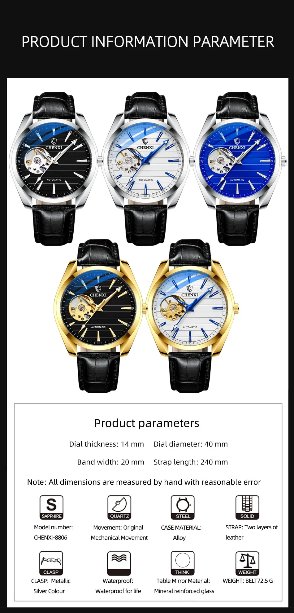 CHENXI Brand Men Watches Luxury Waterproof Automatic Mechanical Watch for Men Fashion Casual Leather Tourbillon Wrist Watches