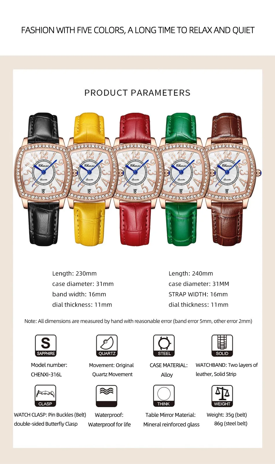 CHENXI Fashion New Woman Watch Waterproof Rose Gold Leather Wristwatch Luxury Ladies Quartz Bracelet Watches Female Clock