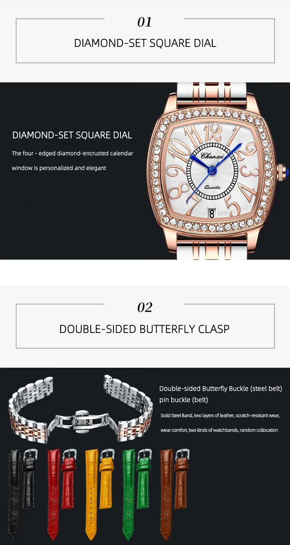 CHENXI Fashion New Woman Watch Waterproof Rose Gold Leather Wristwatch Luxury Ladies Quartz Bracelet Watches Female Clock