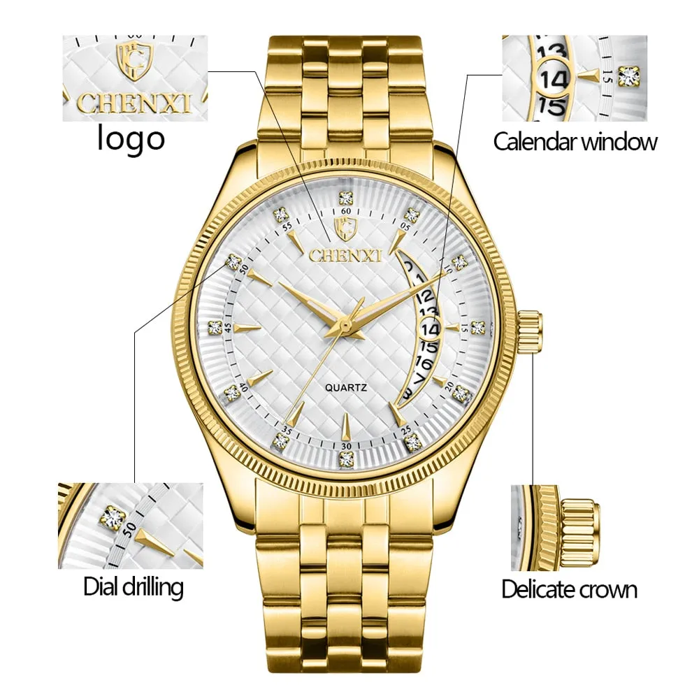CHENXI Mens Watches Stainless Steel Quartz Gold Wrist Watch Top Brand Luxury Casual Waterproof Sport Watch Men Relogio Masculino
