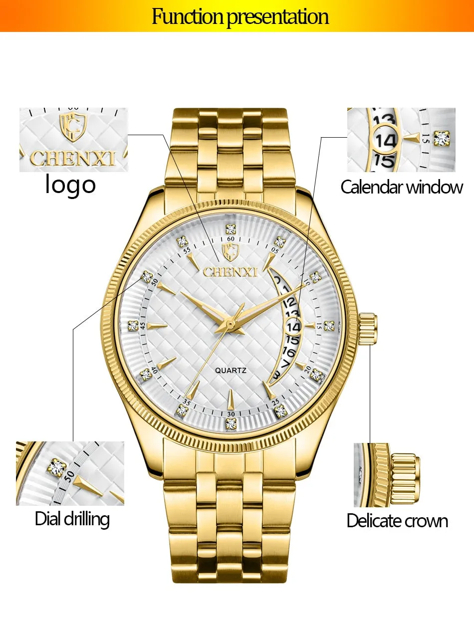CHENXI Mens Watches Stainless Steel Quartz Gold Wrist Watch Top Brand Luxury Casual Waterproof Sport Watch Men Relogio Masculino