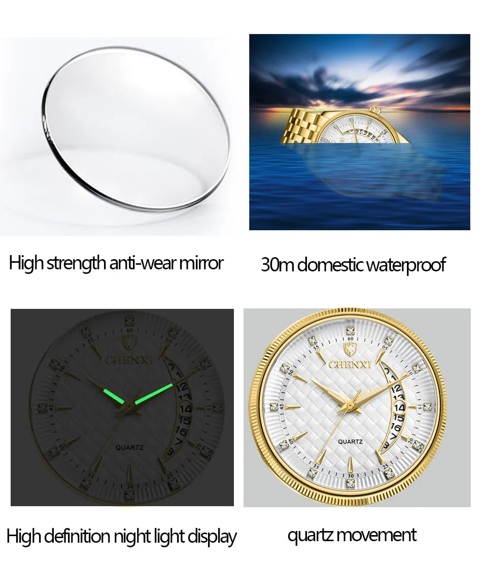 CHENXI Mens Watches Stainless Steel Quartz Gold Wrist Watch Top Brand Luxury Casual Waterproof Sport Watch Men Relogio Masculino