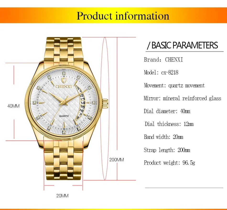 CHENXI Mens Watches Stainless Steel Quartz Gold Wrist Watch Top Brand Luxury Casual Waterproof Sport Watch Men Relogio Masculino