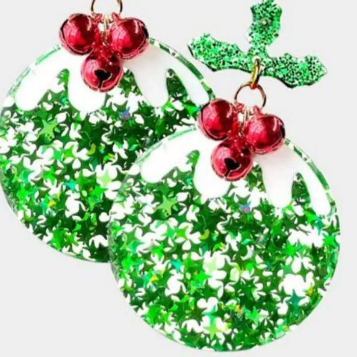 Christmas Tree Green Ornament Glitter Resin Earrings