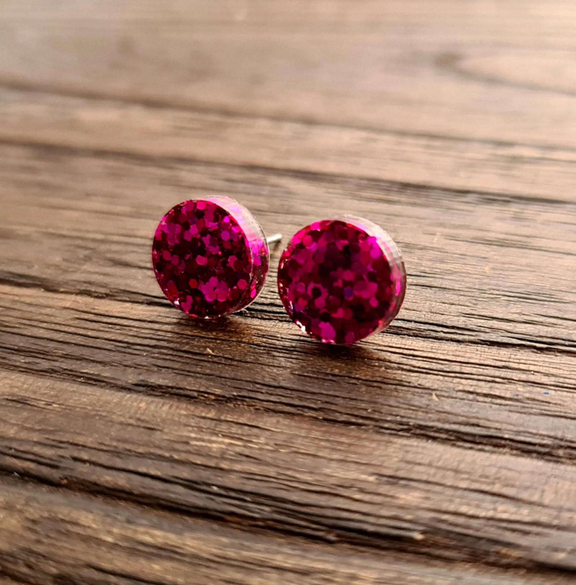 Circle Dot Resin Stud Earrings, Hot Pink Earrings. Stainless Steel Stud Earrings