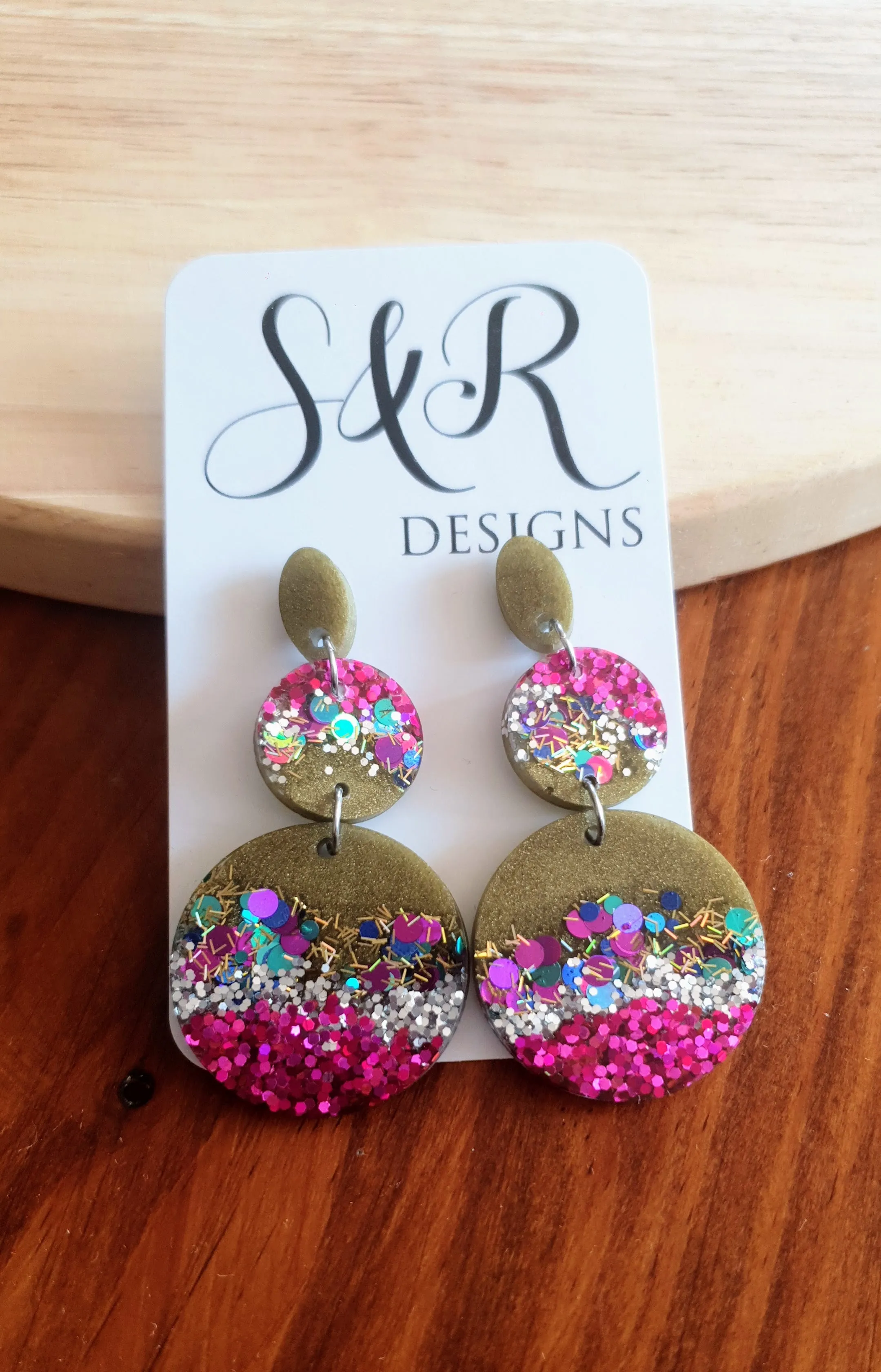 Circle Long Resin Earrings, Statement Pink, Silver, Aqua Holographic Glitter Earrings, Handmade Earrings, Stainless Steel Earrings.