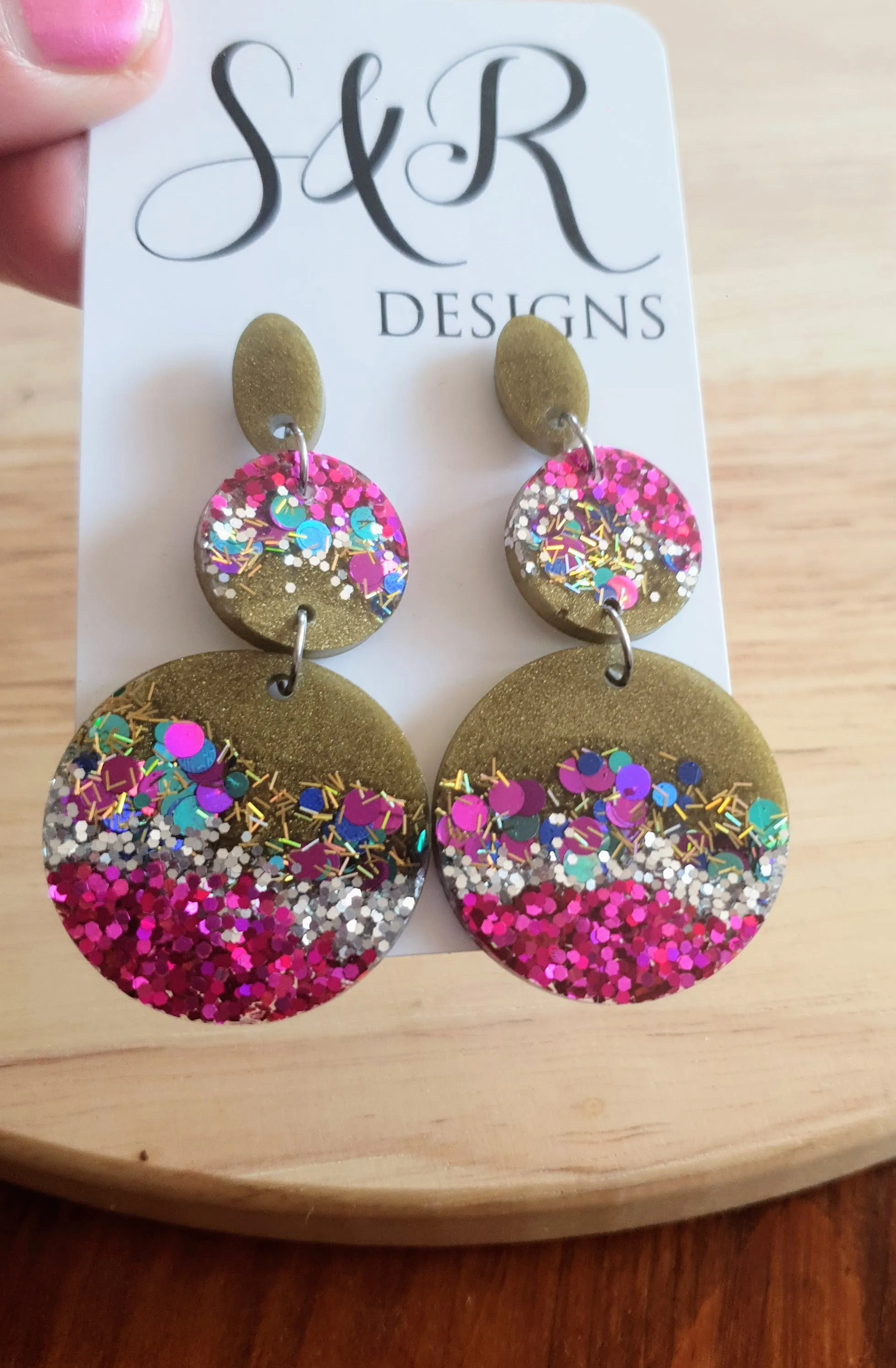 Circle Long Resin Earrings, Statement Pink, Silver, Aqua Holographic Glitter Earrings, Handmade Earrings, Stainless Steel Earrings.