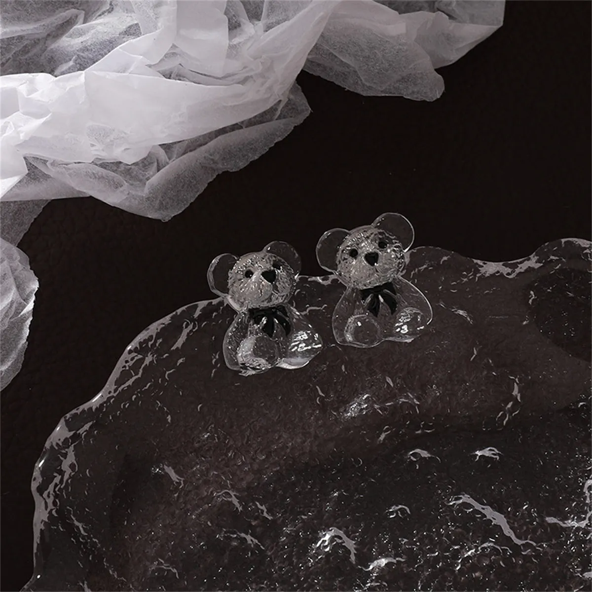 Clear & Black Teddy Bear Stud Earrings
