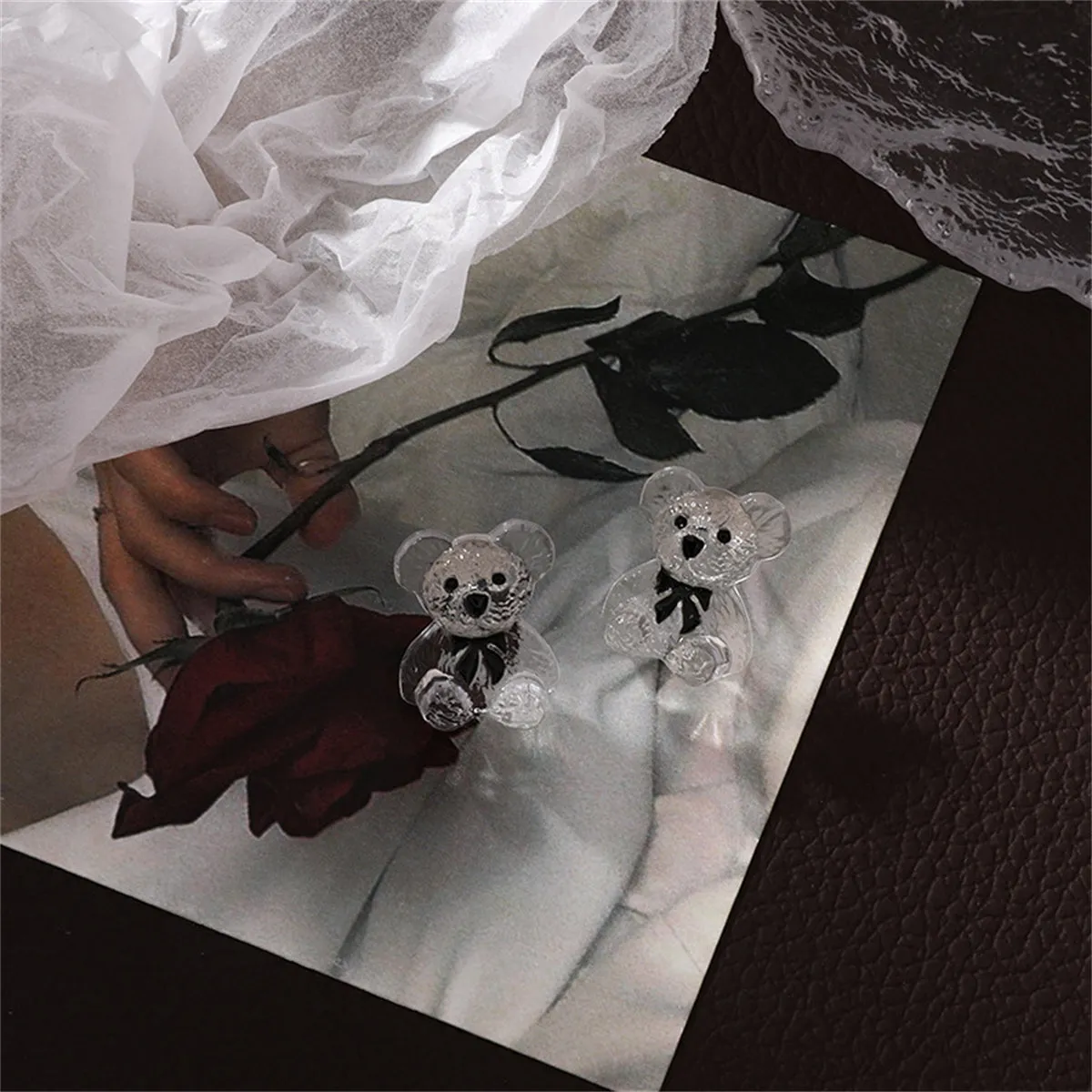 Clear & Black Teddy Bear Stud Earrings