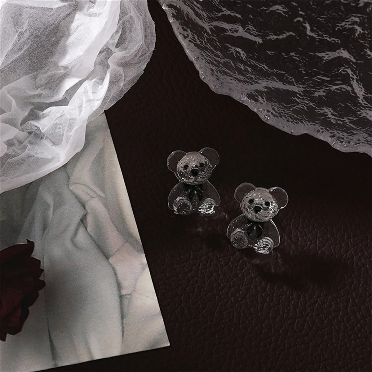 Clear & Black Teddy Bear Stud Earrings
