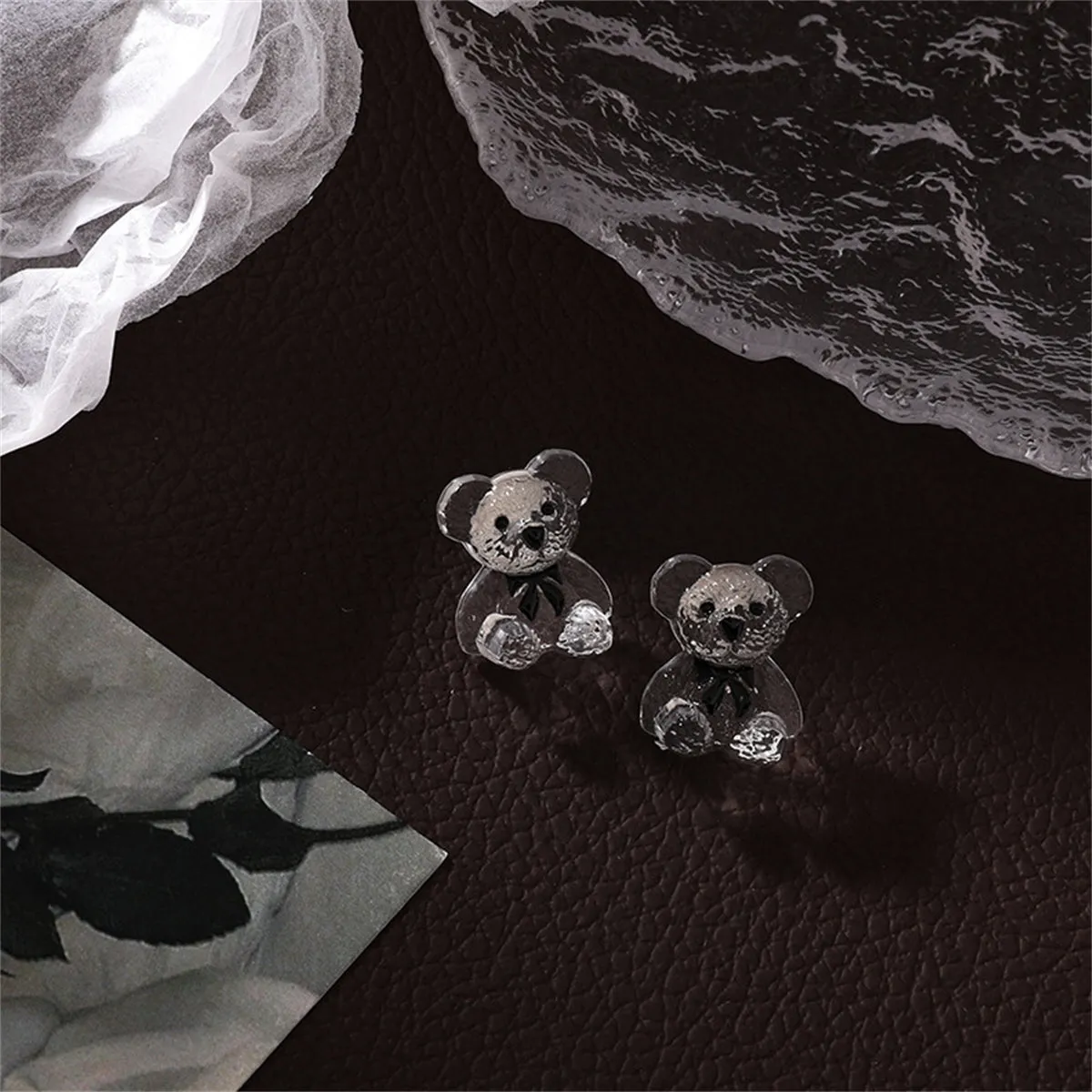 Clear & Black Teddy Bear Stud Earrings